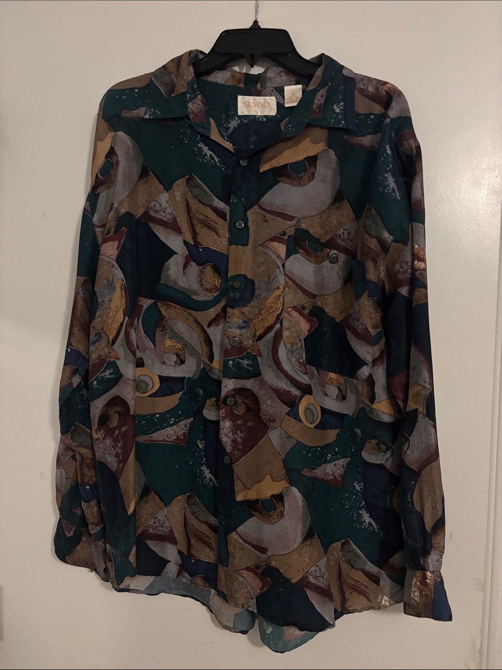 Vintage Silk Abstract Print Button-Down Shirt
